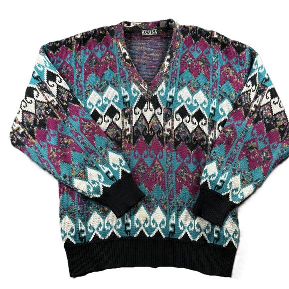 Scusa Men Vintage Sweater V-Neck Geometric Bright Print V-Neck Size XL I134 - Picture 1 of 10